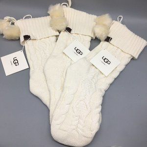 3 UGG HOME Christmas Ivory Cable Knit Stocking Set Fur Pom Poms Luxury Cream NEW